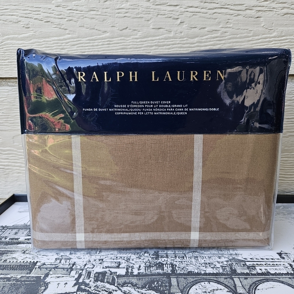 NWT Ralph Lauren Equestrian Windowpane Full/Queen Duvet Cover Camel/Cream